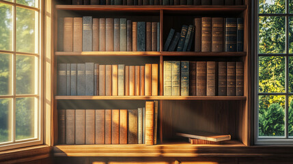 Wooden bookshelf filled with old and new school books, illuminated by warm sunlight filtering through a nearby window. Ultra-detailed textures and HDR bring a rich, inviting atmosphere.

