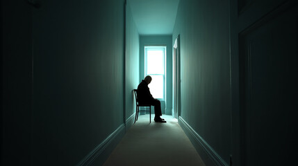Silhouette of elderly man sitting alone in dimly lit hallway, near window, conveying feelings of loneliness and solitude