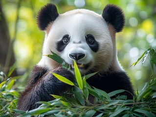 Fototapeta premium Portrait of a Giant Panda Enjoying Bamboo Shoots in Its Natural Habitat, Capturing the Beauty and Serenity of This Endangered Species