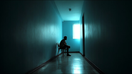 Obraz premium Silhouette of person sitting alone in a dimly lit hallway, conveying feelings of loneliness and isolation