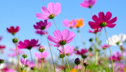 Fototapeta premium colorful cosmos flowers in the field, blue sky background