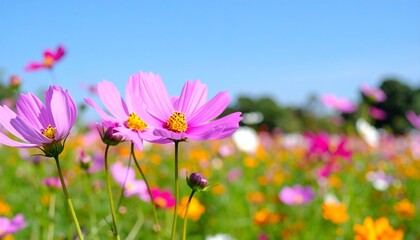 Fototapeta premium colorful cosmos flowers in the field, blue sky background