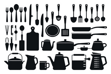 Collection Of Kitchen Utensils In Black Silhouette Style Featuring Flatware Cookware And Bakeware Isolated On White Background