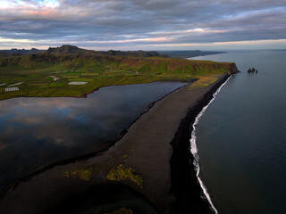 aerial view of the Vik's town black sand beach in Iceland