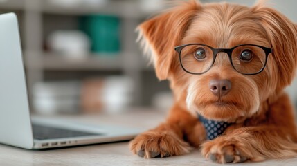 Professional pup diligently working on a laptop surrounded by office supplies while wearing glasses and a tie