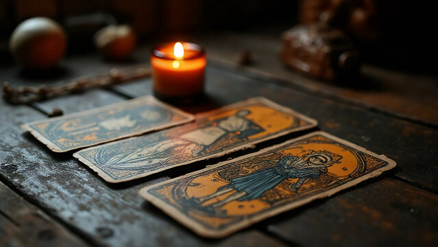 weathered tarot cards scattered across a dark wooden table with a flickering candle beside them

