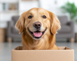 Playful dog enjoys cardboard box amidst moving supplies in cheerful living room