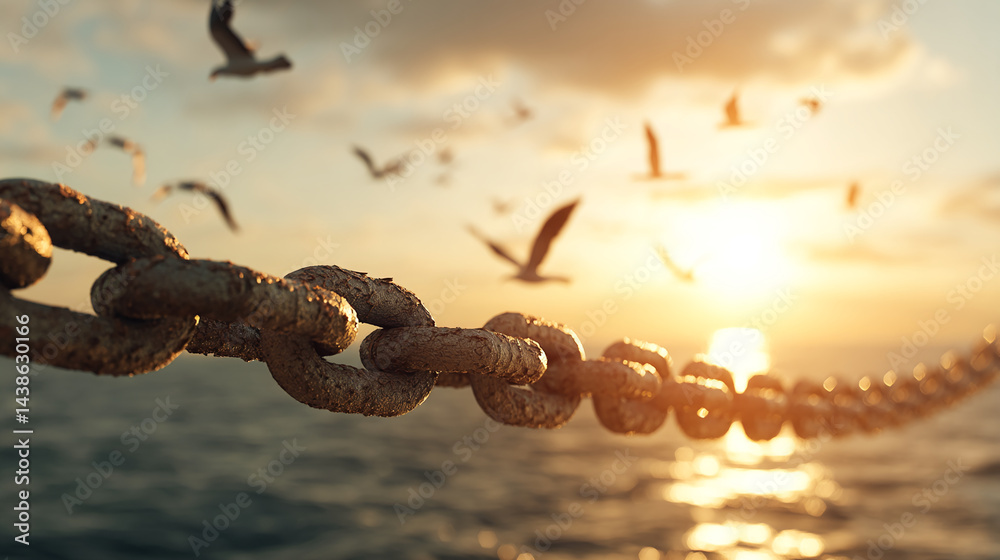 Aufkleber close-up of rusty chain links against a blurred sunset ocean backdrop with birds in flight, symboliz