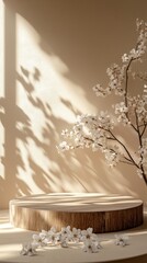 Natural Light Casts Soft Shadows in a Serene Space With a Wooden Platform and Delicate Flowers