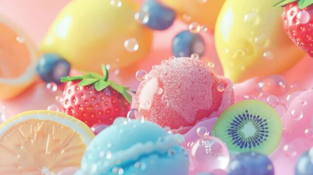 Colorful ice cream and fruits splash