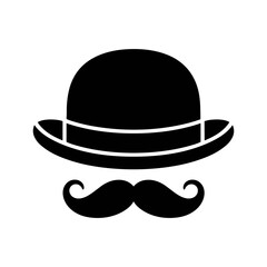 Silhouette of Elegance: A minimalist depiction of a classic bowler hat paired with a distinguished handlebar mustache, epitomizing timeless charm and refined style.