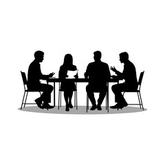 Fototapeta premium Silhouette of Meeting: a sleek silhouette captures a team of individuals engaged in a focused discussion around a table, embodying collaborative teamwork in a modern business setting.