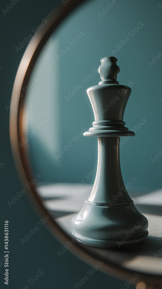 Poster close-up of a light-grey chess queen on a surface, viewed through a circular frame. it symbolizes le