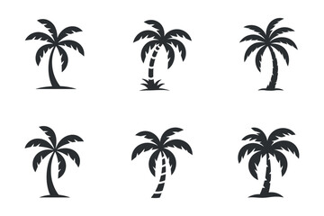 Obraz premium Six Palm Tree Silhouettes Vector Illustration Tropical Plant Icons Summer Holiday Designs Graphic Elements For Vacation Themes Isolated On White