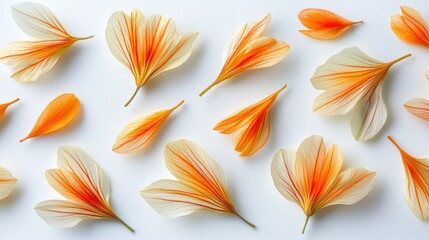 Orange and white flower petals on a clean white surface
