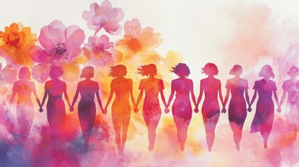 A group of diverse women stands united, holding hands in solidarity. Surrounding them are colorful floral patterns that create a lively and empowering atmosphere celebrating friendship and community