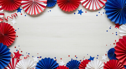 Obraz premium Bright patriotic festive paper rosette border featuring red, white, and blue stars and confetti on a light background, concept for American holiday celebration, party invitation, and national event