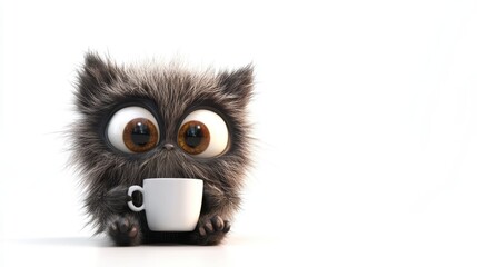Cute furry creature holding a small white mug.