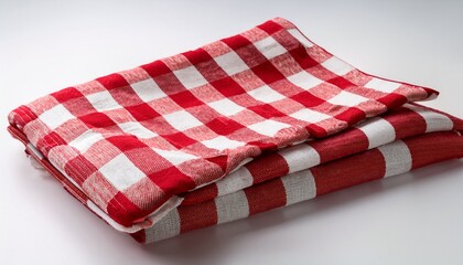 red and white checked picnic blankets folded and draped on white background