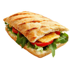 Freshly made sandwich with cheese, tomatoes, and greens on crusty bread