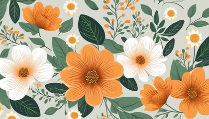 beautiful floral pattern featuring orange and cream blooms with green leaves on light background