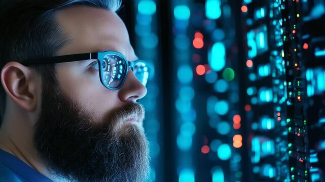 Bearded systems admin stands in front of server tower, analyzing cable layouts with concentration. Advanced infrastructure glows subtly in the background.
