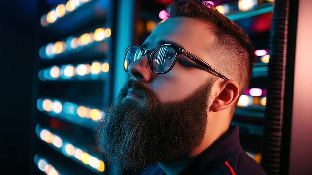 Bearded systems admin stands in front of server tower, analyzing cable layouts with concentration. Advanced infrastructure glows subtly in the background.