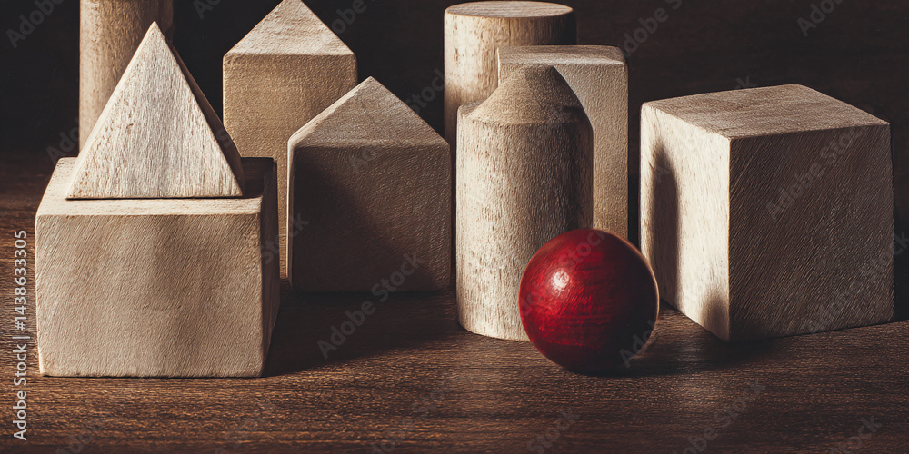 Poster wooden geometric shapes and a red sphere on a brown surface, showcasing a minimalist design concept,