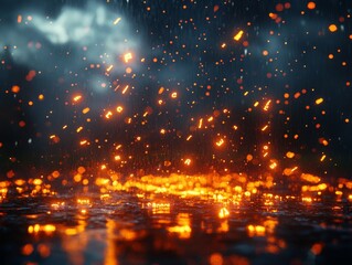 Obraz premium Code Rain: An Immersive Digital Downpour of Glowing Letters and Particles Reflecting on a Dark, Wet Surface Under a Stormy Sky