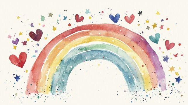 A vibrant watercolor rainbow spans across a light background, surrounded by colorful hearts and sparkling stars, evoking a sense of joy and wonder