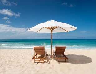 two beach chairs and white umbrella on the tropical beach at daytime