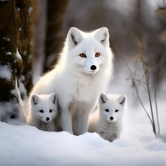 Naklejka premium white fox in winter snow with her cubs