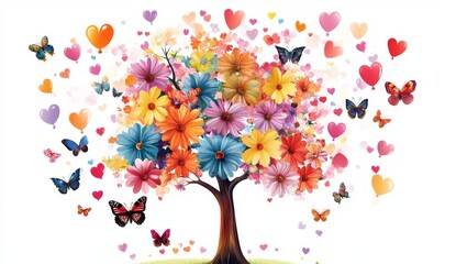 Colorful floral tree with hearts and butterflies