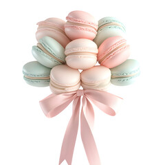 Obraz premium Ultra-realistic 3D rendering of a bouquet of pastel macarons tied together with a satin ribbon, colors in shades of blush pink, cream, and mint green, isolated against a white background.