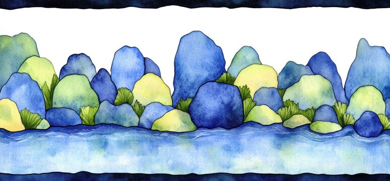 Serene watercolor landscape blue rocks, calm water, green plants; ideal for nature designs