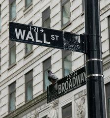 Obraz premium Street sign at the corner of Broadway and Wall Street in Manhattan, New York City.