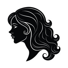 Elegant woman silhouette vector art with long curly hair and refined features isolated on white