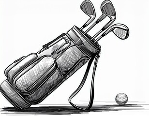 bag with golf clubs hand on the golf ball bag with golf clubs in sketch style black and white hand drawn illustration