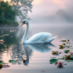 Fototapeta premium Elegant white swan gliding gracefully on a serene lake surrounded by water lilies and mist