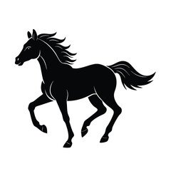 Fototapeta premium Elegant black horse silhouette running with flowing mane and tail isolated on white background