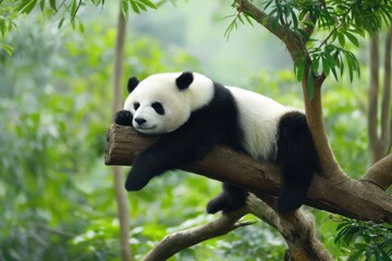 Obraz premium Giant panda sleeping on a tree branch in a natural forest, wildlife photography
