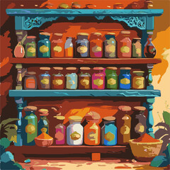 This colorful painting depicts a rustic wooden shelf filled with vibrant spice jars and containers, set against a warm, earthy background.
