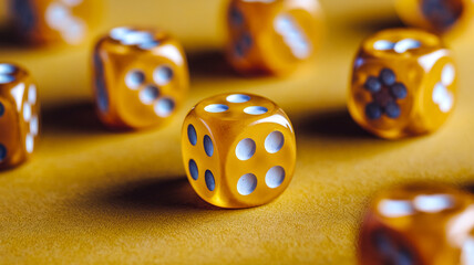 Close-up of amber dice on yellow surface, showcasing game, chance, and luck concept