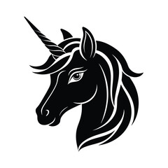Elegant unicorn head silhouette illustration black and white graphic design mythical creature magic fantasy symbol