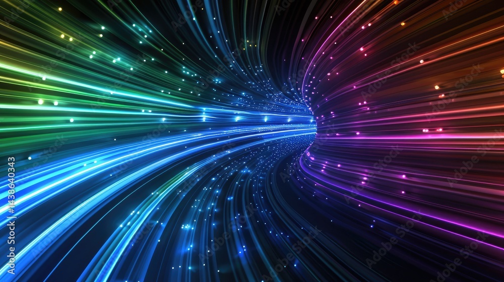 Poster dynamic light trails and colorful streams abstract digital art virtual space high-tech environment f