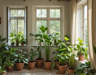 Fototapeta premium Interior with green plants in clay pots, open windows, and linen curtains. Natural lighting.