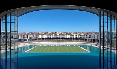 Modern Building and Pool Landscape with Clear Sky