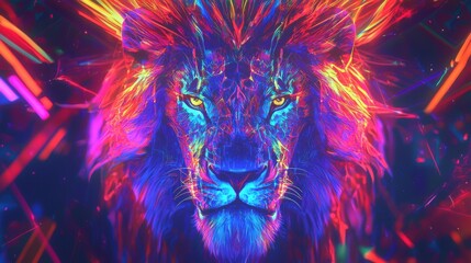 An intricately designed lion face in stunning colors radiates energy and vibrancy. The artwork captures the fierce intensity and majestic aura of the lion using vivid digital effects