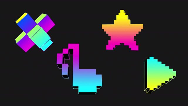 Set of four pixel voxel neon gradient rotating animations. Cross, note, star, play button on a transparent alpha channel. Seamless loop.