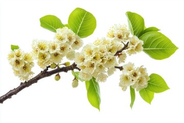 Fototapeta premium A blooming tree branch with bright green leaves, isolated on white background.